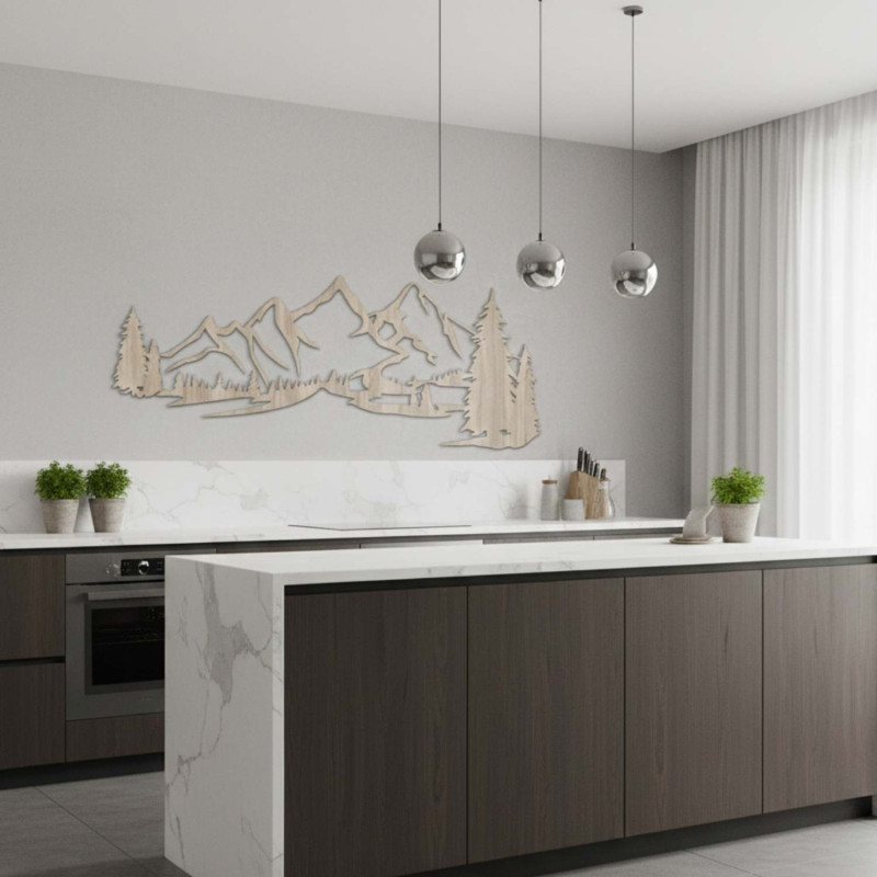 dřevěná dekorace dub sonoma, Moderní dřevěný obraz Hory a les na ozdobení obývacího pokoje