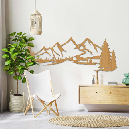 dekoraceA dub,Designový dřevěný panel na zeď s horskou krajinou a lesem