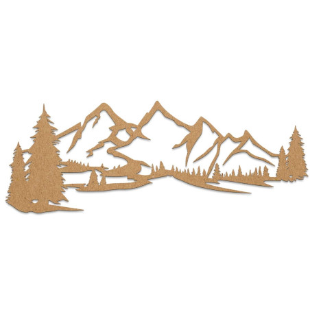 Minimalistický dřevěný obraz s horským masivem a jehličnatým lesem