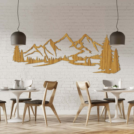 Minimalistický dřevěný obraz s horským masivem a jehličnatým lesem