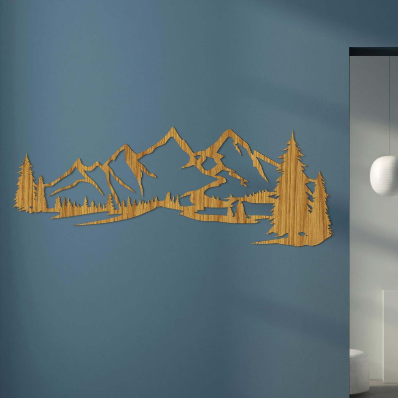 Minimalistický dřevěný obraz s horským masivem a jehličnatým lesem