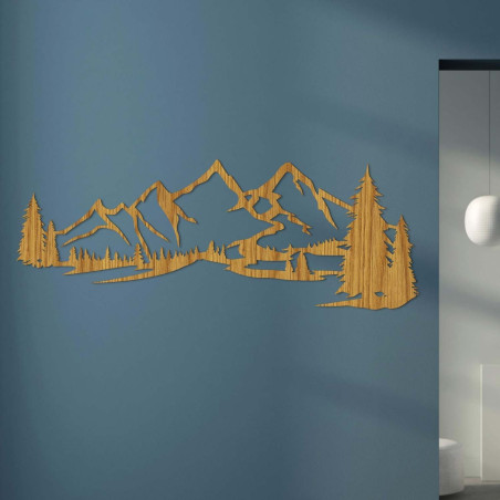 Minimalistický dřevěný obraz s horským masivem a jehličnatým lesem