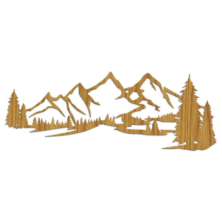 Minimalistický dřevěný obraz s horským masivem a jehličnatým lesem