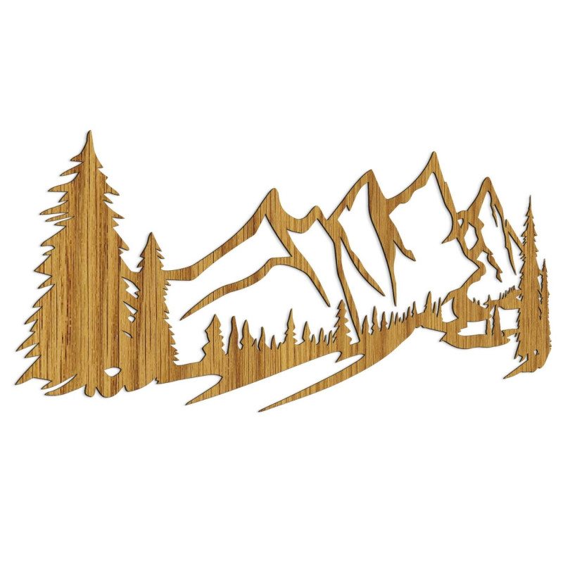 Minimalistický dřevěný obraz s horským masivem a jehličnatým lesem