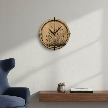 Nástěnné hodiny z přírodního dřeva s rostlinnou kresbou
