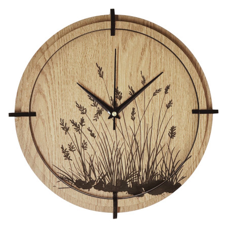 Dřevěné hodiny s gravírem luční trávy