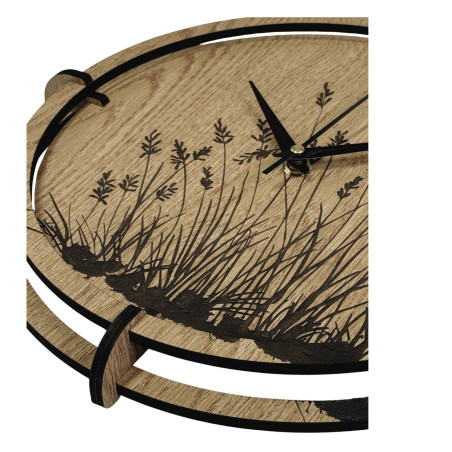 Dřevěné hodiny s gravírem luční trávy