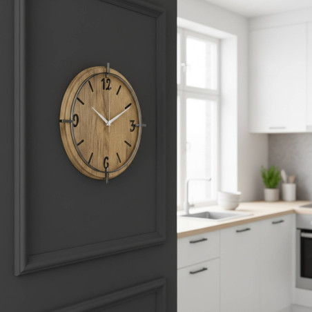 Stylové dřevěné hodiny do obývacího pokoje s moderním kontrastním designem.