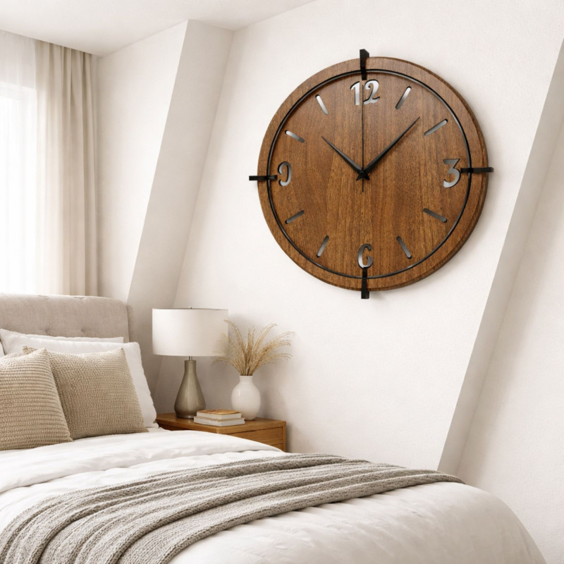 Elegantní dřevěné nástěnné hodiny z ořechu s výraznými čísly pro moderní interiér