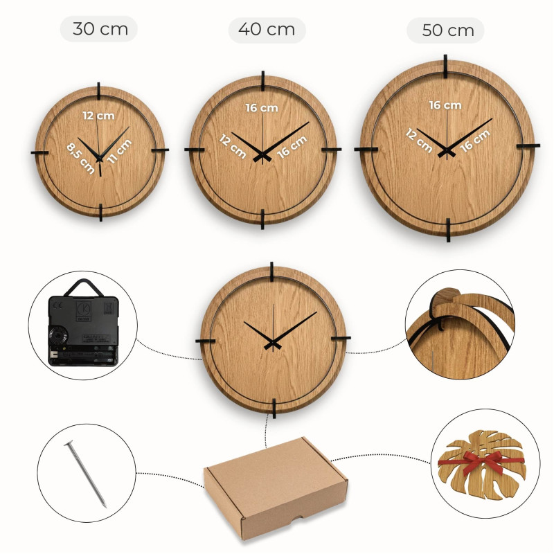 Dřevěné 3D hodiny Dub – výrazné černé číslice a tichý quartz mechanismus
