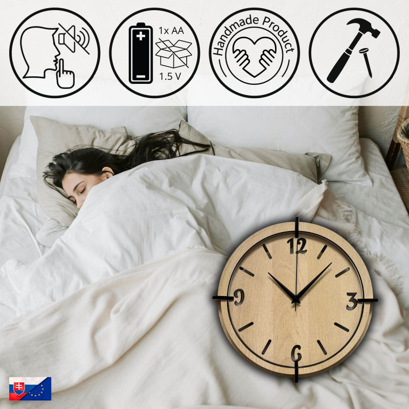 Elegantní nástěnné hodiny s 3D čísly, přírodní kresbou dřeva a moderním vzhledem.