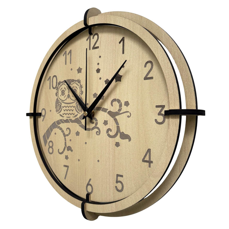 Javorové hodiny sova pro děti - tiché, hravé a ideální do dětského pokoje.