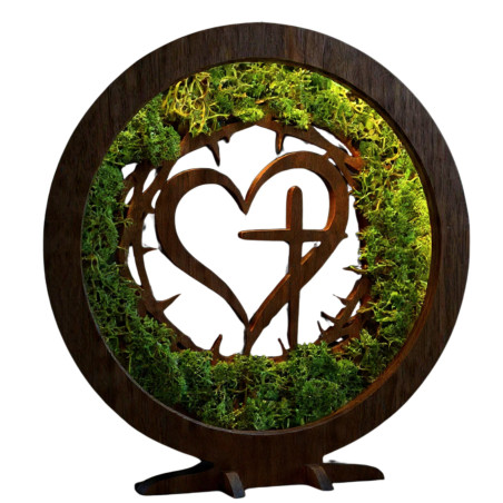 Stylová dekorace s duchovním motivem. LED lampa s mechem v elegantním dekoru ořech.