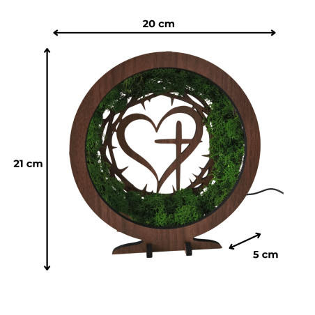 Stylová dekorace s duchovním motivem. LED lampa s mechem v elegantním dekoru ořech.