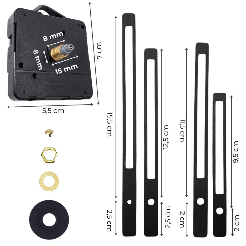 Větší a menší černé ručičky na hodiny pro DIY hodiny a dekorace.
