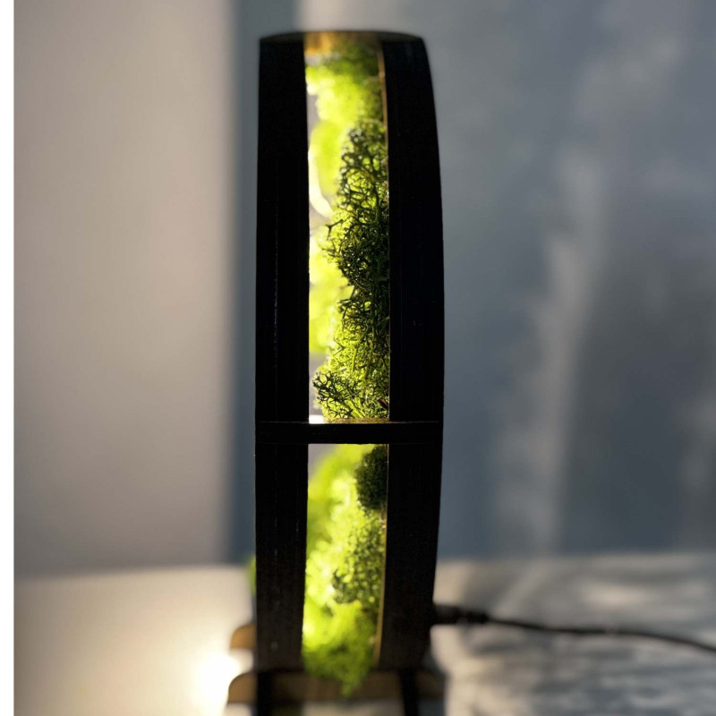 Detailní pohled na podsvícený dřevěný Strom života obklopený mechem.