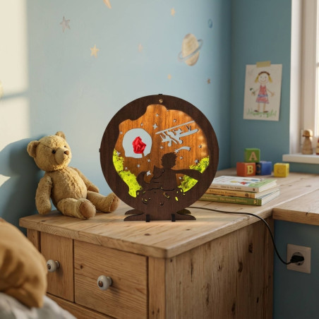 LED dekorace Malý princ s letadlem | Ořech Wenge