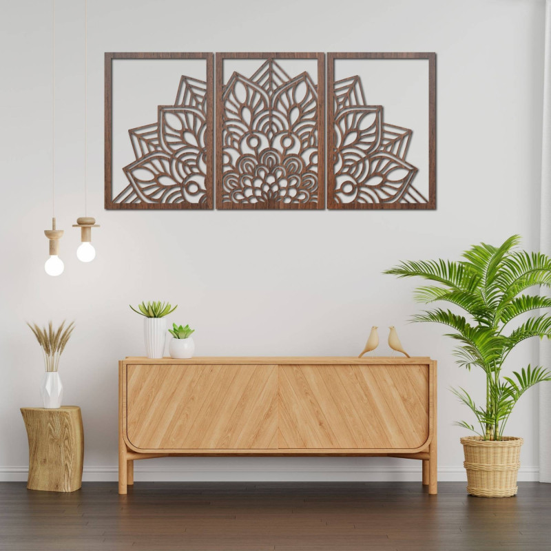 Moderní černá mandala a dřevěné hodiny: Stylová harmonie pro váš domov.