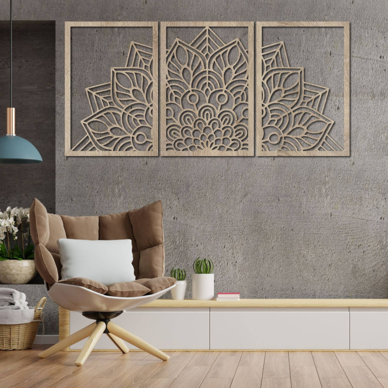 Oživte stěny třídílnou mandalou a hodinami z HDF. Elegance v každém detailu.