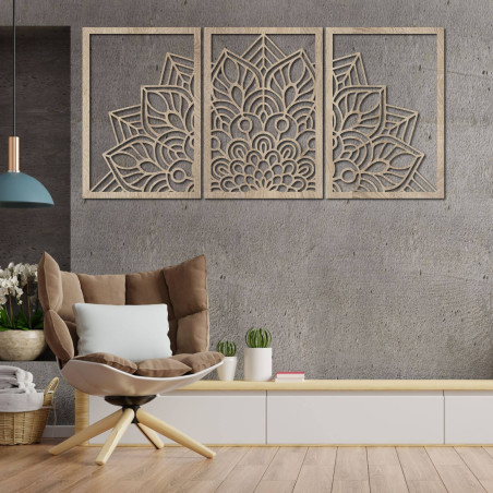 Oživte stěny třídílnou mandalou a hodinami z HDF. Elegance v každém detailu.