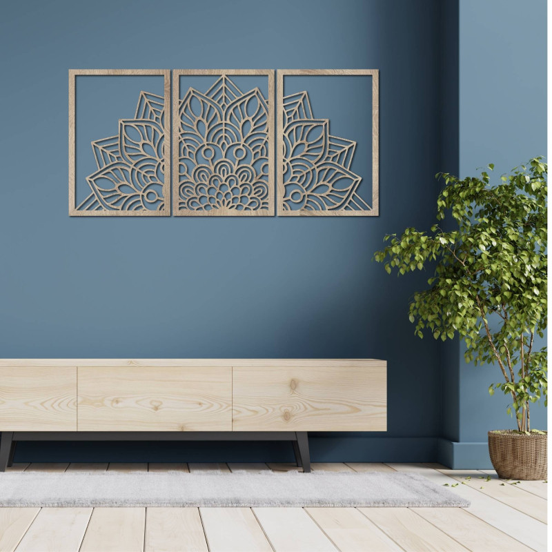 Oživte stěny třídílnou mandalou a hodinami z HDF. Elegance v každém detailu.