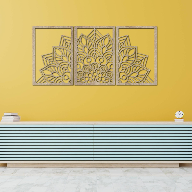 Oživte stěny třídílnou mandalou a hodinami z HDF. Elegance v každém detailu.