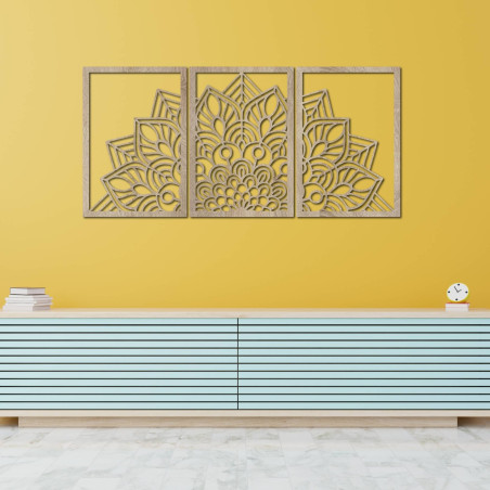 Oživte stěny třídílnou mandalou a hodinami z HDF. Elegance v každém detailu.