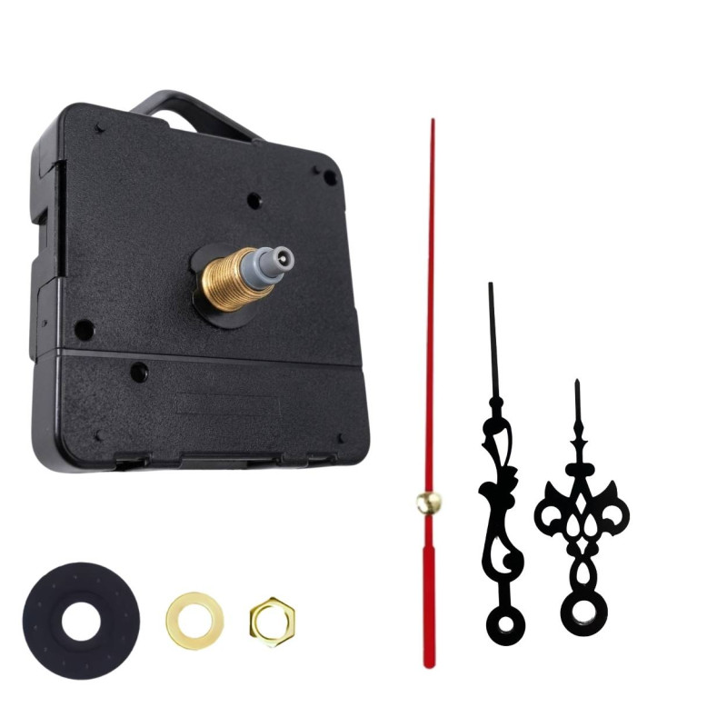 Designové černé hliníkové ručičky na nástěnné hodiny s výraznou červenou vteřinovkou.