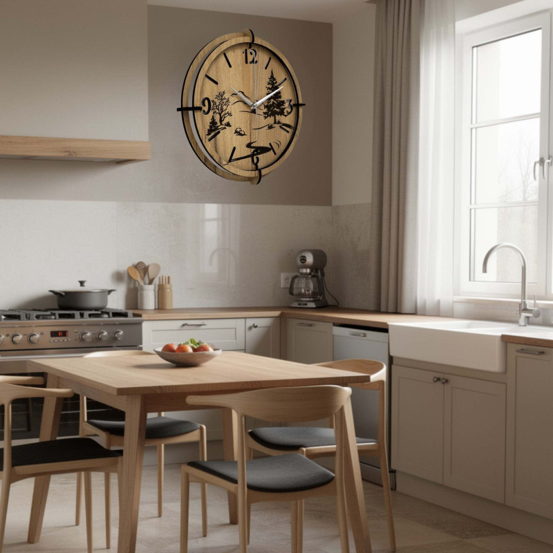 Moderní nástěnné hodiny s motivem lesa a horské krajiny