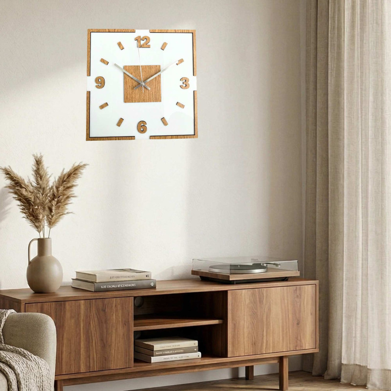 Nástěnné hodiny bílý akryl a dubový dekor - LONDON