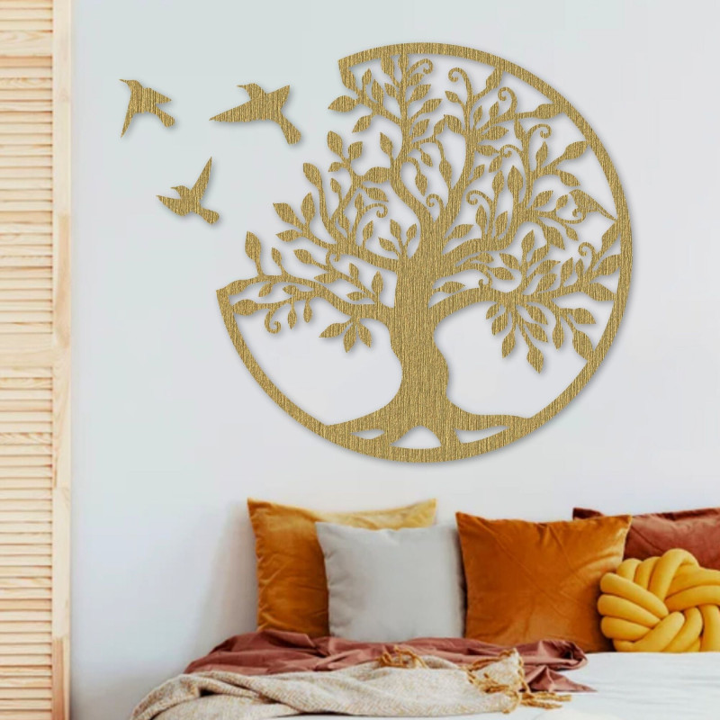Dřevěná dekorace na zeď – Strom života se třemi létajícími ptáky