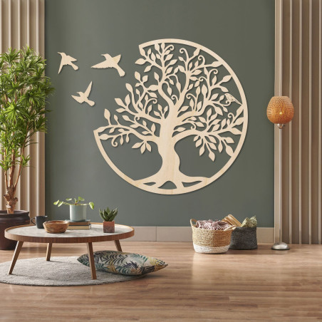 Dřevěná dekorace na zeď – Strom života se třemi létajícími ptáky