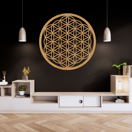 Dřevěná nástěnná dekorace Květ života s detailním mandala vzorem