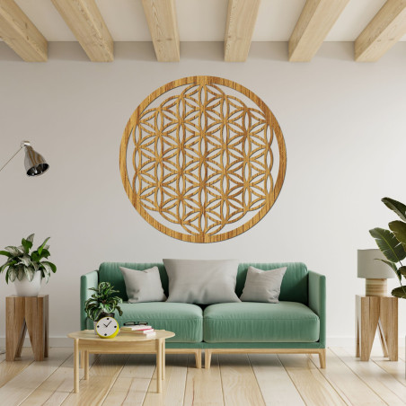 Mandala ze dřeva na zeď s posvátným symbolem Květu života