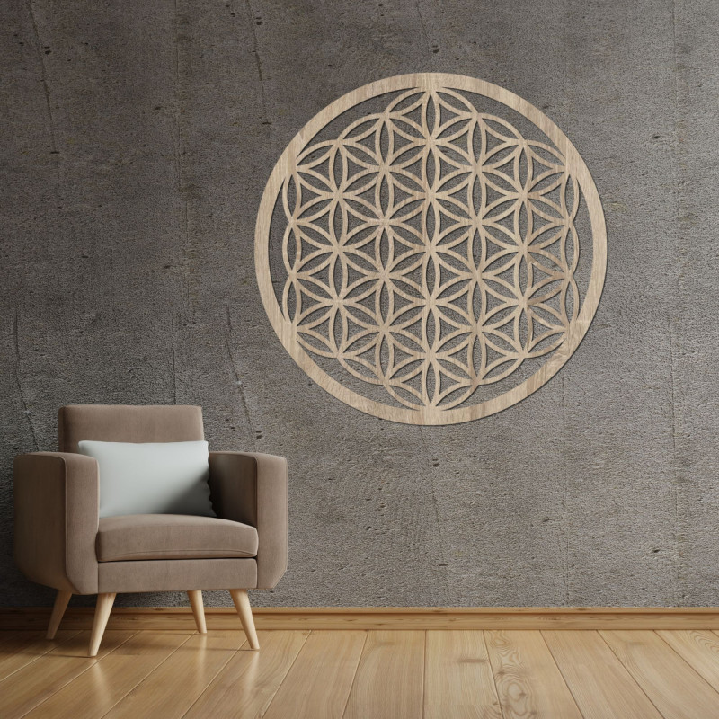 Mandala ze dřeva na zeď s posvátným symbolem Květu života