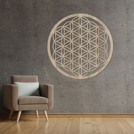 Mandala ze dřeva na zeď s posvátným symbolem Květu života