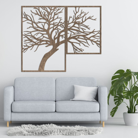 Dvoudílný obraz zobrazuje elegantní strom s detailně vyřezávanými větvemi, vytvořený v teplých dřevěných tónech.