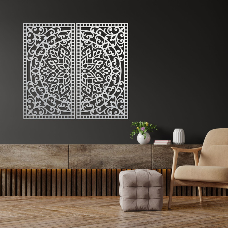 Dřevěná 3D Mandala na zeď – Vyřezávaný diptych v boho stylu