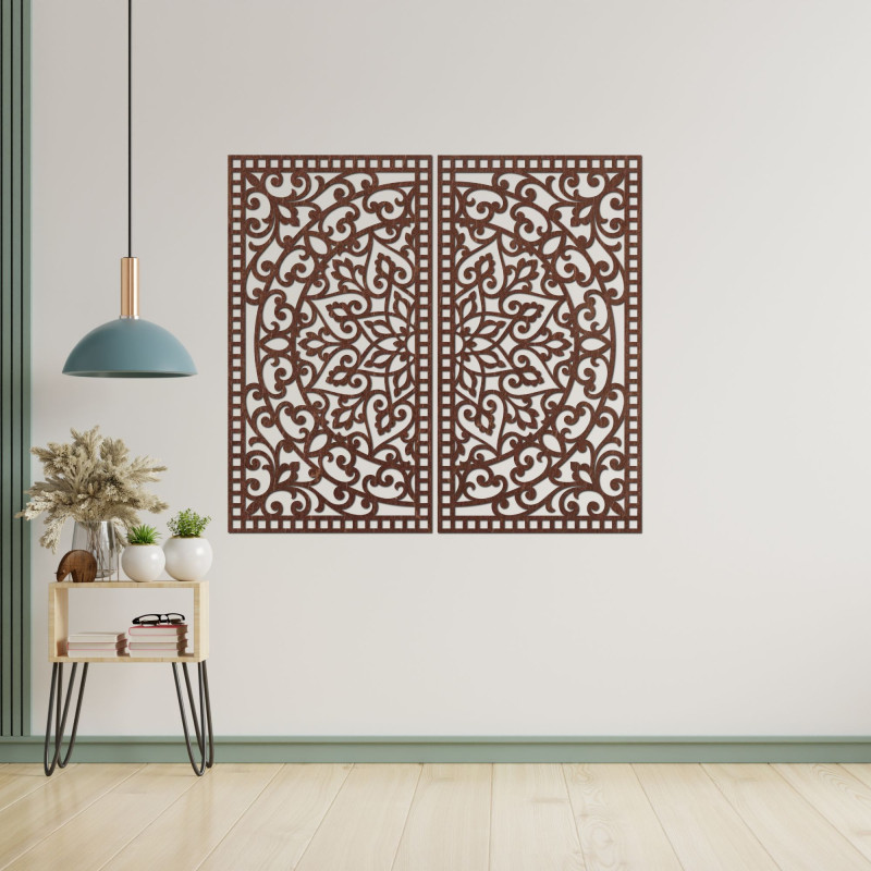 Dřevěná 3D Mandala na zeď – Vyřezávaný diptych v boho stylu