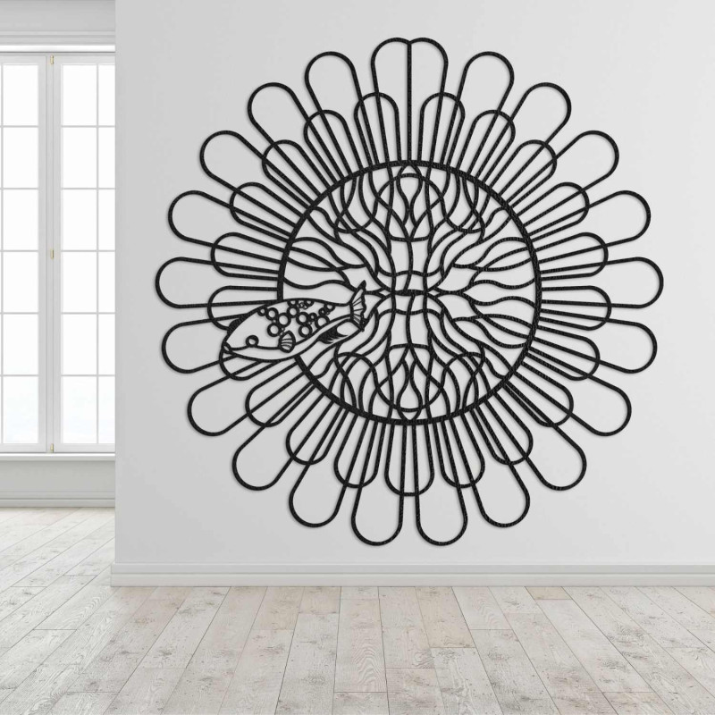 Vyřezávaný 3D obraz mandala ryba čtyřzubec z černé HDF desky