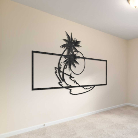 Dřevěný dekorační panel s palmami a západem slunce