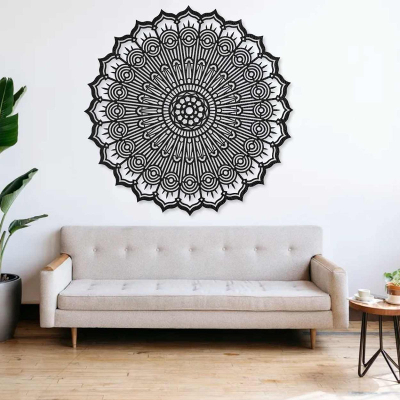 Dřevěný kruhový obraz Mandala, vyřezávaný laserem. Precizní geometrická dekorace na zeď, hnědá.