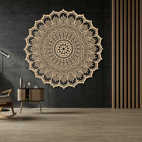 Hnědá vyřezávaná Mandala, kruhový dřevěný panel. Geometrické umění a ornamentální dekorace domu.