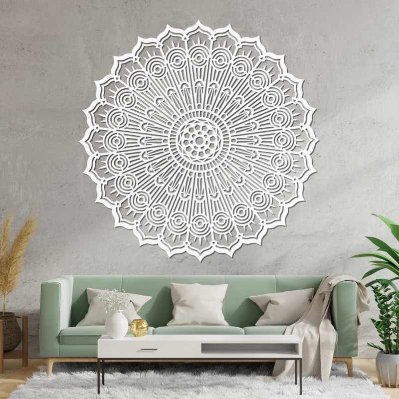 Moderní 3D mandala ze dřeva na zeď s precizním výřezem. Stylová dekorace do obývacího pokoje pro útulný a vizuálně vyvážený inte