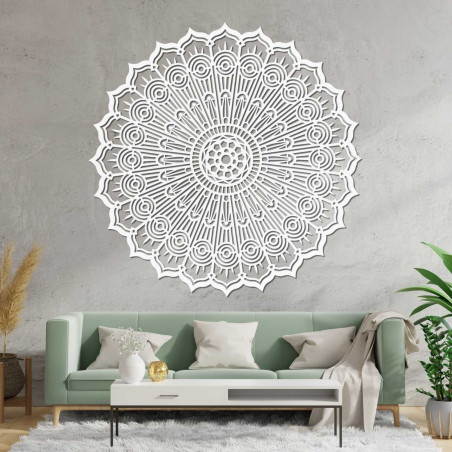 Moderní 3D mandala ze dřeva na zeď s precizním výřezem. Stylová dekorace do obývacího pokoje pro útulný a vizuálně vyvážený inte