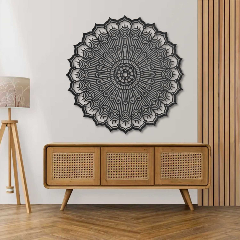Moderní 3D mandala ze dřeva na zeď s precizním výřezem. Stylová dekorace do obývacího pokoje pro útulný a vizuálně vyvážený inte