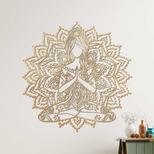 Dřevěná 3D mandala jóga žena na zeď – designová dekorace do obývacího pokoje pro moderní a harmonický interiér. 2