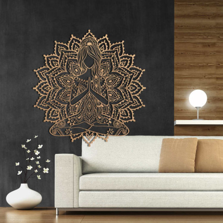 Designová dřevěná mandala s motivem jógy – 3D dekorace na zeď do obývacího pokoje s harmonickým efektem.