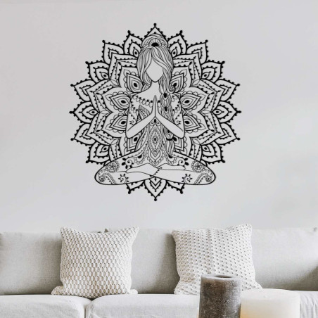 Designová dřevěná mandala s motivem jógy – 3D dekorace na zeď do obývacího pokoje s harmonickým efektem.