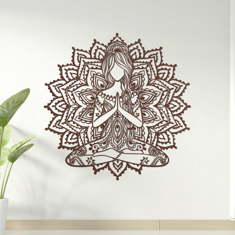 Designová dřevěná mandala s motivem jógy – 3D dekorace na zeď do obývacího pokoje s harmonickým efektem.